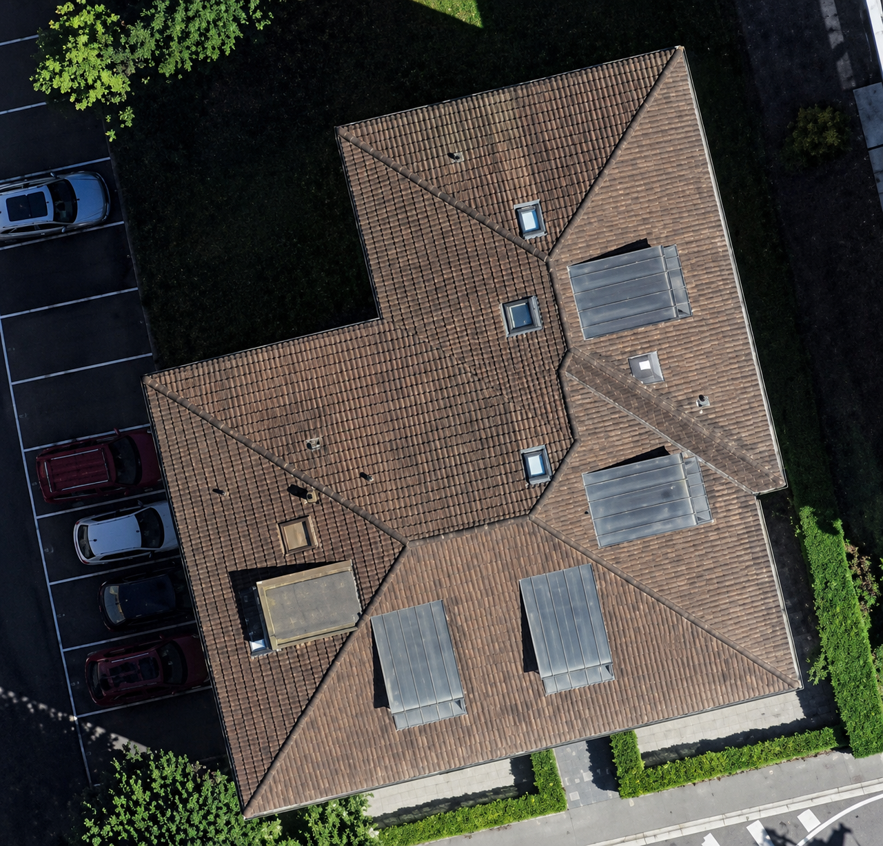 Aerial view of the Via del Tiglio 17 building roof in central Lugano