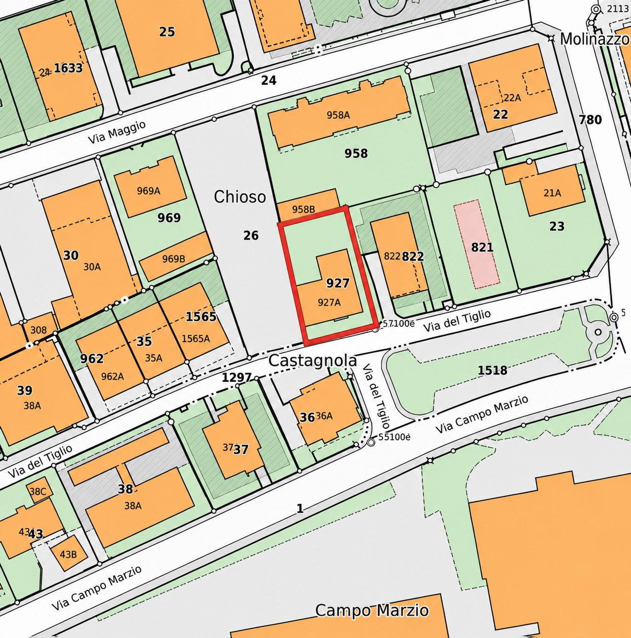 Cadastral map of parcel 927 — Via del Tiglio 17, Lugano